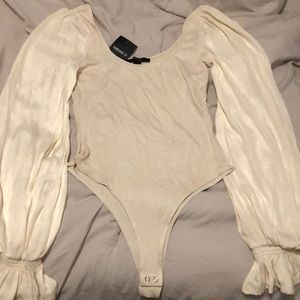 Forever 21 Cream Long Sleeve Scoop Neck Ribbed Bodysuit
